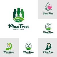 uppsättning av tall träd med människor logotyp design vektor. kreativ tall träd logotyp begrepp mall vektor