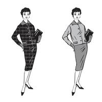 snygg tygkvinna. mode affärsstil set 1960 -talet retro klänning vektor
