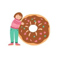 ein süßes kleines Mädchen, das einen sehr leckeren Donut umarmt vektor