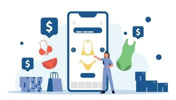 modern platt vektor illustration med kvinna använder sig av henne smartphone till inköp Produkter uppkopplad från en mobil handel app och säkra betalning med kreditera kort. bekvämlighet och enkelhet uppkopplad handla
