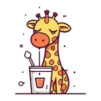 süß Giraffe Trinken Saft im ein Papier Tasse. Vektor Illustration.