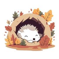 süß Igel im ein Loch mit Herbst Blätter. Vektor Illustration