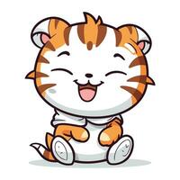 süß Karikatur Tiger Charakter Sitzung und lächelnd. Vektor Illustration isoliert auf Weiß Hintergrund.