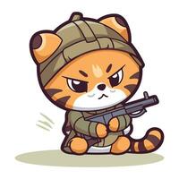 süß Karikatur Tiger im ein Militär- Uniform mit ein Pistole. Vektor Illustration.