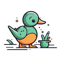 Ente mit ein Topf von Wasser. Vektor Illustration im eben Stil.