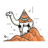 süß Hand gezeichnet Vektor Illustration von ein Kamel im ein Hut auf oben von ein Berg.