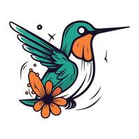 kolibri flygande med blomma i dess näbb. vektor illustration.