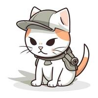 süß Karikatur Katze im Militär- Deckel und kugelsicher Weste. Vektor Illustration.