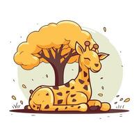 Karikatur Giraffe Sitzung unter ein groß Baum. Vektor Illustration.