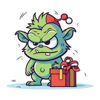 rolig monster med jul gåva. vektor illustration. tecknad serie karaktär.