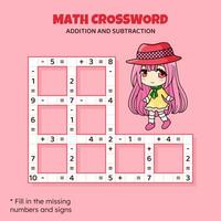 Mathematik Kreuzworträtsel Puzzle zum Kinder. Zusatz und Subtraktion. Zählen oben zu 10. Spiel zum Kinder. Vektor Illustration. bunt Kreuzworträtsel mit Karikatur Anime Mädchen. Aufgabe, Bildung Material zum Kinder.