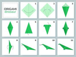 Dinosaurier-Origami-Schema-Tutorial, bewegliches Modell. Origami für Kinder. Schritt für Schritt, wie man einen niedlichen Origami-Dinosaurier macht. Vektor-Illustration. vektor