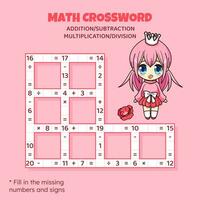 Mathematik Kreuzworträtsel Puzzle zum Kinder. Zusatz, Subtraktion, Multiplikation und Aufteilung. Zählen oben zu 20. Vektor Illustration. Spiel mit Karikatur Anime Mädchen. Aufgabe, Bildung Material zum Kinder.