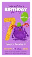 siebte Geburtstag Party Einladung mit Monster, Nummer Sieben, Text und Ballon. glücklich Geburtstag Karte im eben Karikatur Stil. Vektor Illustration. alle Objekte sind isoliert.