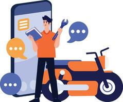 Hand gezeichnet Motorrad Mechaniker Charakter mit Smartphone im das Konzept von online Reparatur Techniker im eben Stil vektor