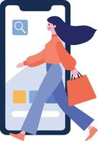 Hand gezeichnet weiblich Charakter halten ein Geschenk mit Smartphone im online Einkaufen Konzept im eben Stil vektor