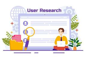 Benutzer Forschung Vektor Illustration von Menschen suchen und erkunden im Netzwerke zu Design Projekt, online Umfrage und Analytik im eben Hintergrund