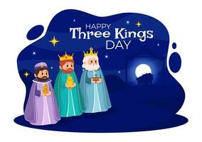 glücklich drei Könige Tag Vektor Illustration zu Vertrauen auf das Gottheit von Jesus seit seine Kommen zu das Welt im Offenbarung Christian Festival Hintergrund