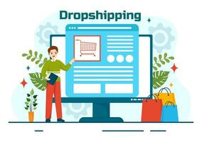 Dropshipping Geschäft Vektor Illustration mit Geschäftsmann öffnen E-Commerce Webseite Geschäft und Lassen Lieferant Schiff Produkt im eben Karikatur Hintergrund