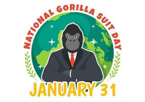 National Gorilla passen Tag Vektor Illustration auf 31 Januar mit hat das Kopf von ein Gorillas ist gekleidet ordentlich im ein Anzüge und Welt Karte im Hintergrund
