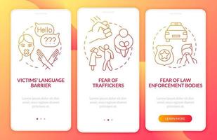 Überlebender von Menschenhandel beim Onboarding der mobilen App-Seitenbildschirm vektor