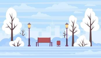 Karikatur Winter schneebedeckt Park Landschaft Szene Konzept. Vektor