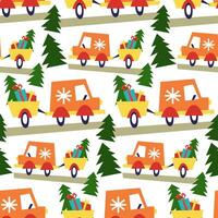 nahtlos Weihnachten Muster mit Orange LKW Anhänger Geschenke. Reise. geometrisch Schreibmaschine auf ein Weiß Hintergrund. es können Sein benutzt im das Textil- Industrie, Papier Produktion, Hintergrund, Scrapbooking vektor