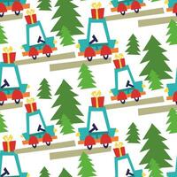 Weihnachten Muster mit Blau Auto und Weihnachten Geschenk. das Straße durch das Wald. geometrisch Schreibmaschine auf ein Weiß. es können Sein benutzt im das Textil- Industrie, Papier Produktion, Hintergrund, Scrapbooking vektor