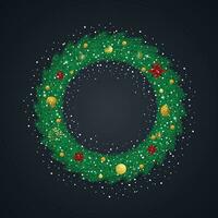 realistisk jul grön krans med gyllene bollar och snö med snöflingor och lampor. vektor