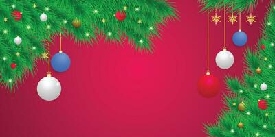 realistisch Weihnachten Grün Blatt Banner mit Blau und Weiß Bälle mit Beleuchtung und Schneeflocken mit rot Hintergrund. vektor