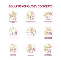 Konzeptsymbole für Psychologie im Erwachsenenalter und soziale Beziehungen eingestellt vektor