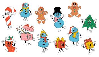 süß Cartoons Weihnachten Maskottchen. glücklich und heiter Emotionen. alt Animation 60er Jahre 70er, komisch Karikatur Figuren. modisch Illustration im retro Stil. vektor