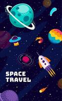 Raum Reise Banner mit UFO und Rakete, Planeten vektor