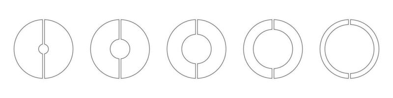 Coaching Räder runden geteilt im zwei Abschnitte. Diagramme Infografik Satz. Kreis Sektion Grafiken. Kuchen Diagramm Symbole. Krapfen Diagramme oder Kuchen segmentiert auf 2 gleich Teile. geometrisch Vektor Element. Leben leer.