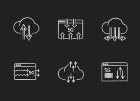 Kreideweiße Symbole der 5g-Technologie auf schwarzem Hintergrund eingestellt vektor