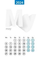 kalender för Maj 2024, blå cirkel design. engelsk språk, vecka börjar på måndag. vektor