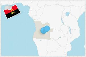 Karta av angola med en fästs blå stift. fästs flagga av angola. vektor