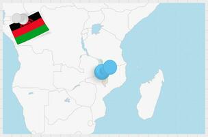 Karte von Malawi mit ein festgesteckt Blau Stift. festgesteckt Flagge von Malawi. vektor