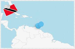 Karta av trinidad och tobago med en fästs blå stift. fästs flagga av trinidad och tobago. vektor
