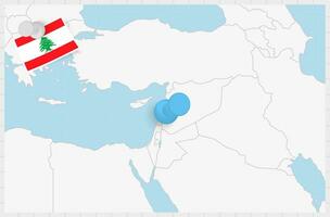 Karta av libanon med en fästs blå stift. fästs flagga av Libanon. vektor