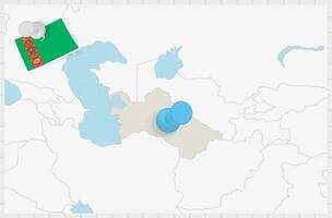 Karta av turkmenistan med en fästs blå stift. fästs flagga av turkmenistan. vektor