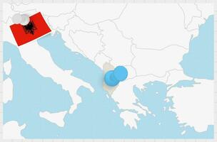 Karta av albania med en fästs blå stift. fästs flagga av albanien. vektor