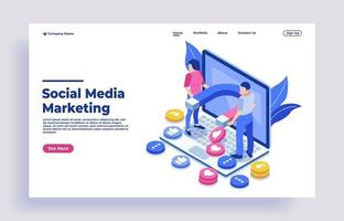 Isometrisches Konzept des Social-Media-Marketings mit Charakteren vektor