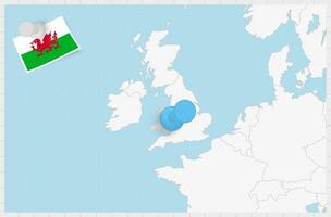 Karta av wales med en fästs blå stift. fästs flagga av Wales. vektor