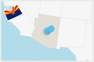 Karta av arizona med en fästs blå stift. fästs flagga av arizona. vektor