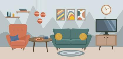 Leben Zimmer Innere mit Sofa, Gemälde, Kaffee Tisch, Sessel, Fernseher. Leben Zimmer. Zuhause Möbel. Vektor Illustration im eben Stil