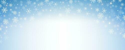 Pastell- Winter Himmel mit Schneeflocken. Blau Licht Farbe Gradient. Fantasie Sanft verschwommen Hintergrund. Vektor Weihnachten Landschaft.