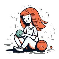 söt liten flicka spelar basketboll. vektor illustration i tecknad serie stil.