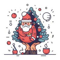 jul träd med santa claus och kaffe kopp. vektor illustration i linjär stil.