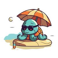 Karikatur Schildkröte Sitzung auf das Sand unter ein Regenschirm. Vektor Illustration.